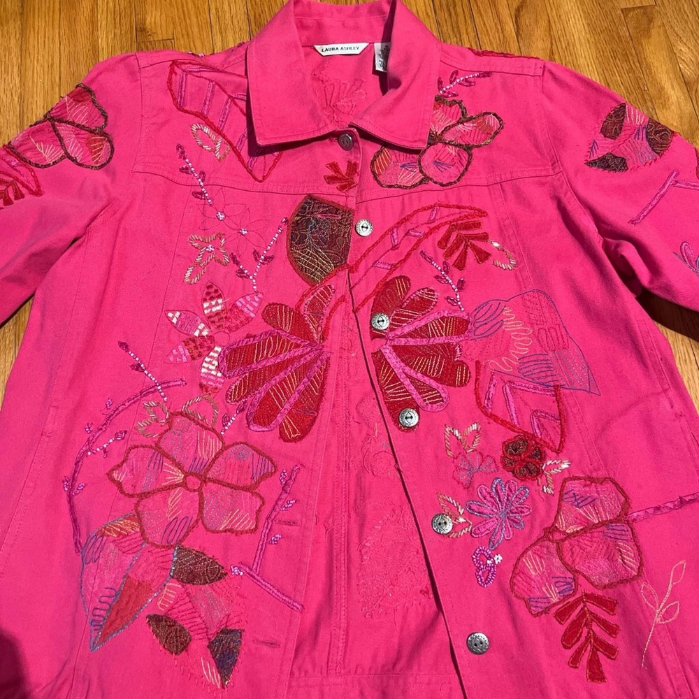 Laura Ashley Hot Pink Beaded Embellished Embroidered Jean Jacket